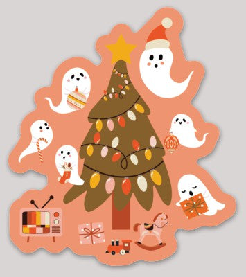 Add some whimsy to your holidays with the Yuletide Hauntings Sticker from Ghost Poppy! Cartoon ghosts decorate and gather around a Christmas tree adorned with lights, gifts, and festive toys—including a TV, rocking horse, and train—set against a cheerful peach background. Printed on durable matte vinyl for a waterproof finish, this playful sticker is perfect for personalizing your holiday gifts or accessories.