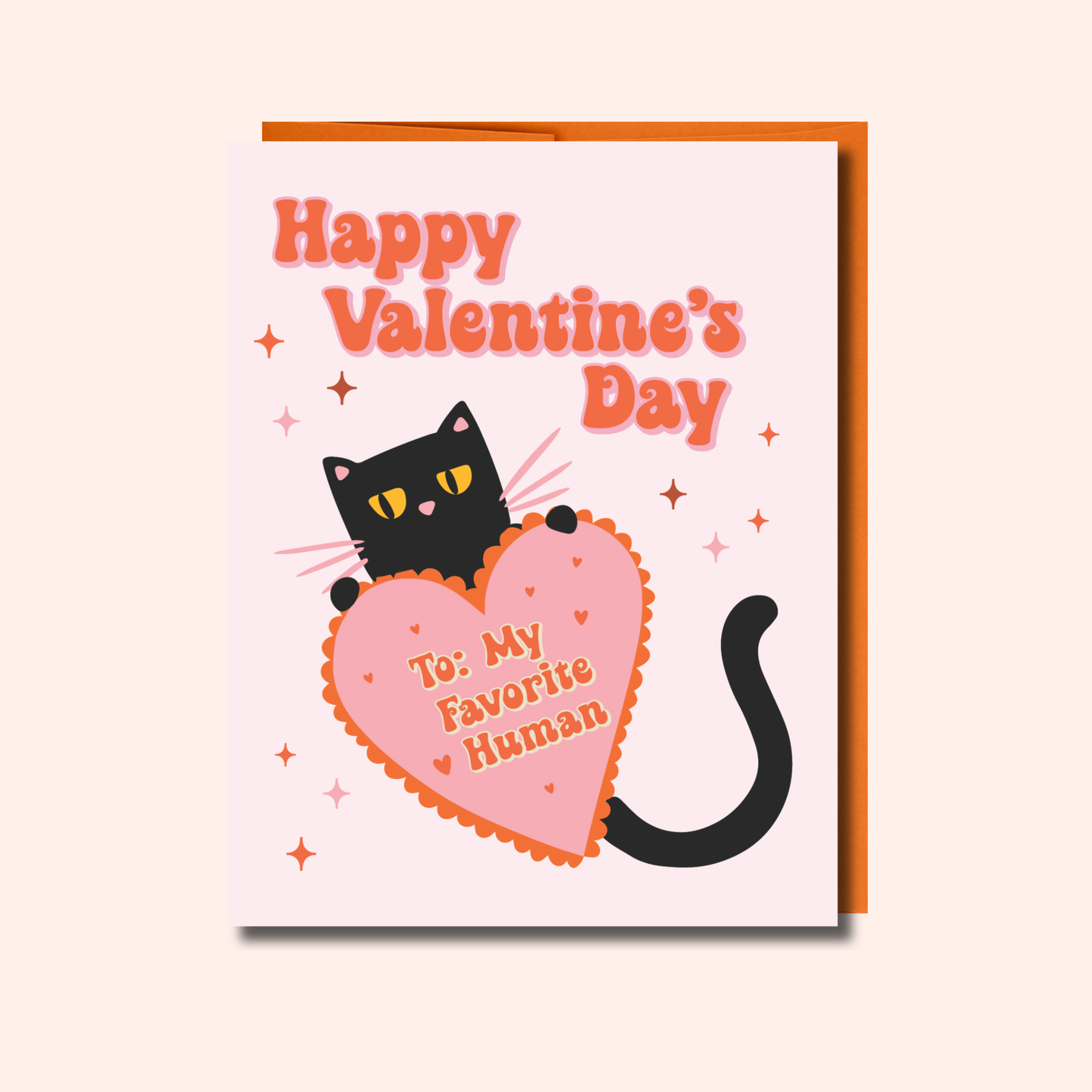 Celebrate love with the Ghost Poppy “My Favorite Human – Valentine’s Day Card.” This charming A2-sized greeting card features an adorable black cat holding a big heart that reads “To: My Favorite Human,” set against a pink, sparkly background with “Happy Valentines Day” at the top. Printed on quality cardstock and blank inside, it’s perfect for adding your own heartfelt message.