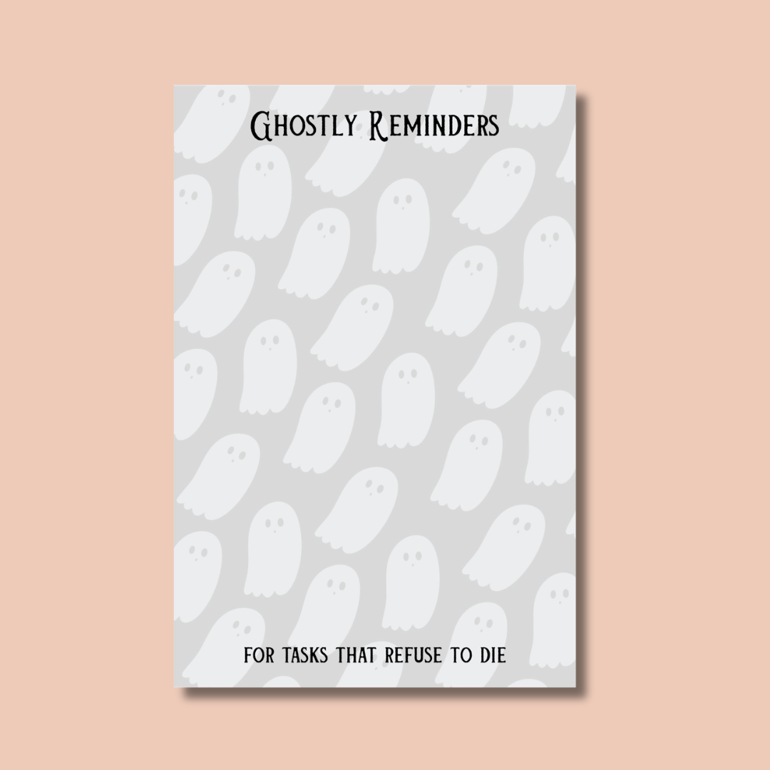 Meet the Ghostly Reminders Notepad by Ghost Poppy—a spooky to-do list notepad designed to help you tackle those hauntingly persistent tasks. Featuring a light gray background with playful white cartoon ghost illustrations and the title “Ghostly Reminders” at the top, this charming notepad is perfect for keeping your reminders organized. At the bottom, you’ll find the phrase “For tasks that refuse to die,” making it an ideal companion for anyone whose to-do list just won’t quit!.