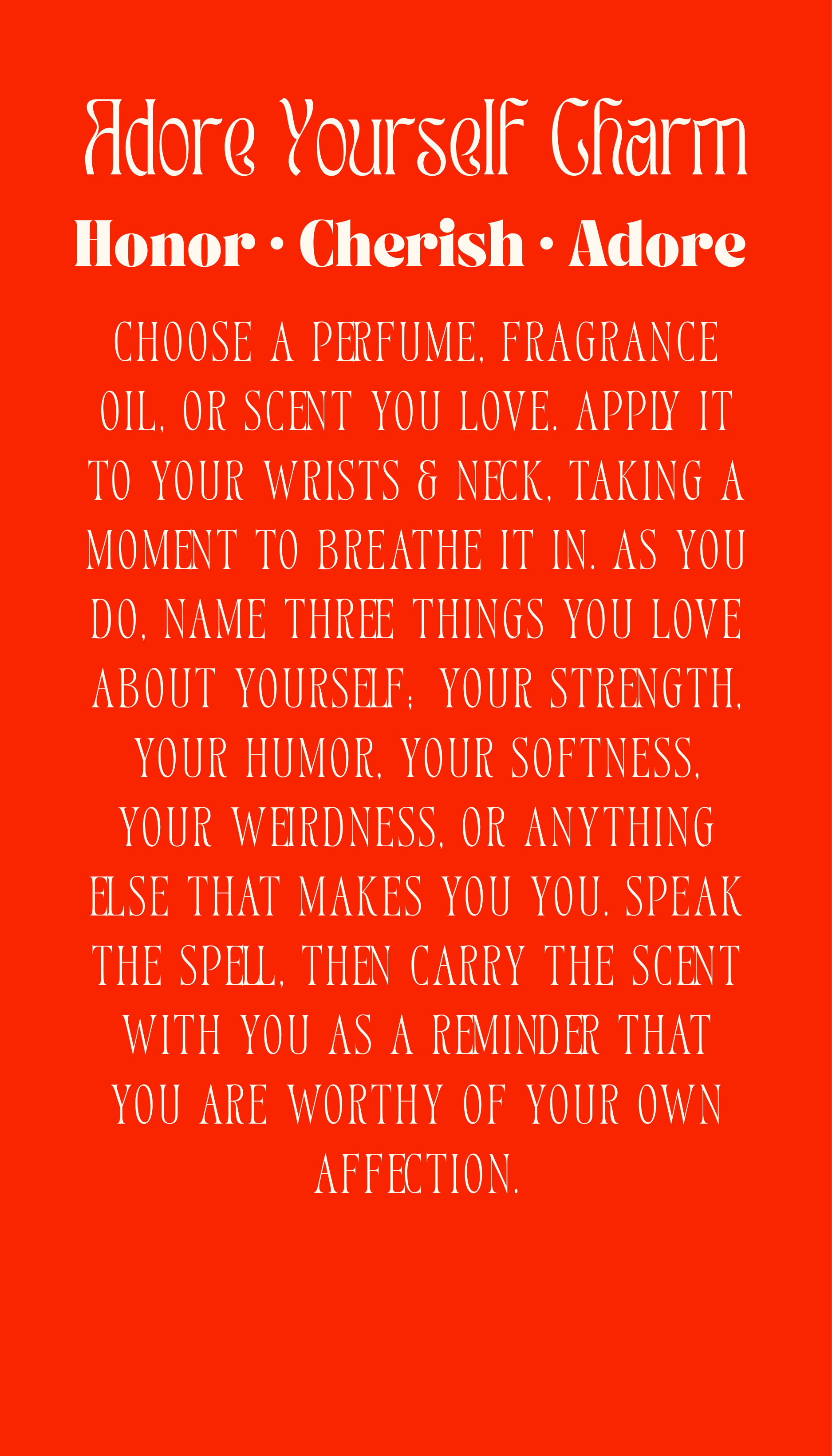An orange Love Spell Cards deck card titled Adore Yourself Charm, featuring instructions for a self-love ritual involving perfume and positive affirmations.