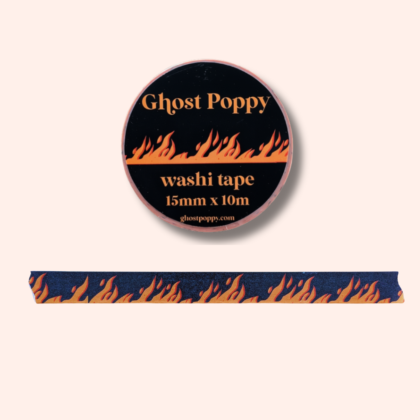 A roll of Road to Hell Washi Tape by Ghost Poppy, crafted from premium rice paper, features a striking black background with an orange flame design. Perfect for journaling or crafts, a strip of the tape—highlighting the same vibrant flame pattern—is displayed below the roll.
